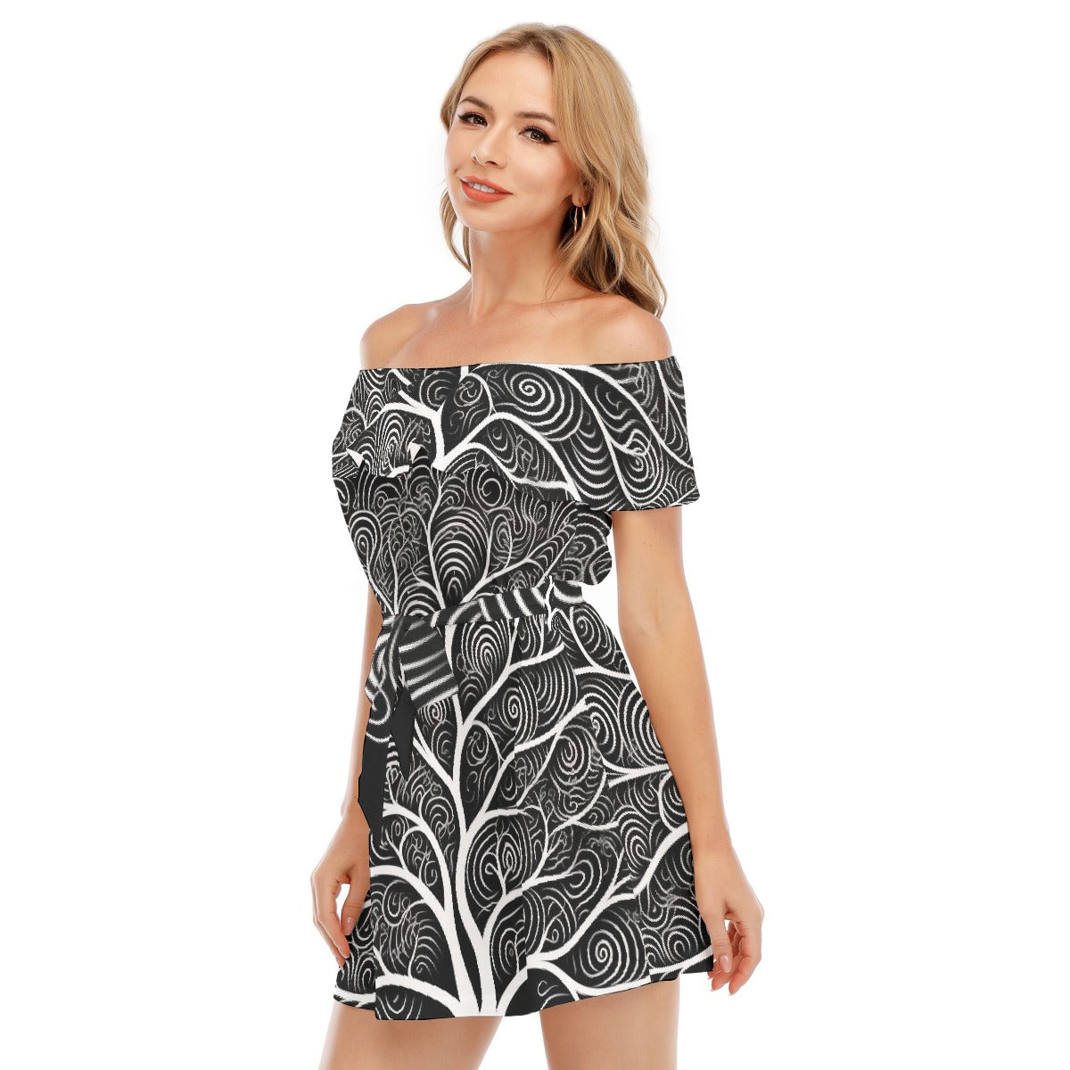 All-Over Print Women's Off-shoulder Dress With Ruffle