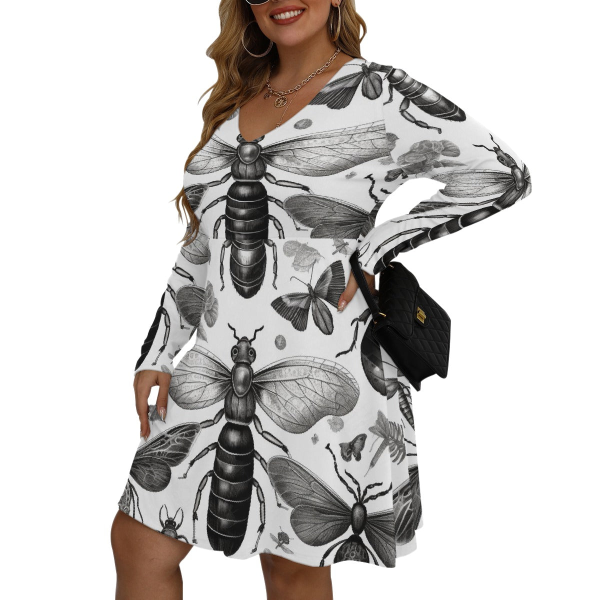 All-Over Print Women's V-neck Long Sleeve Dress(Plus Size)