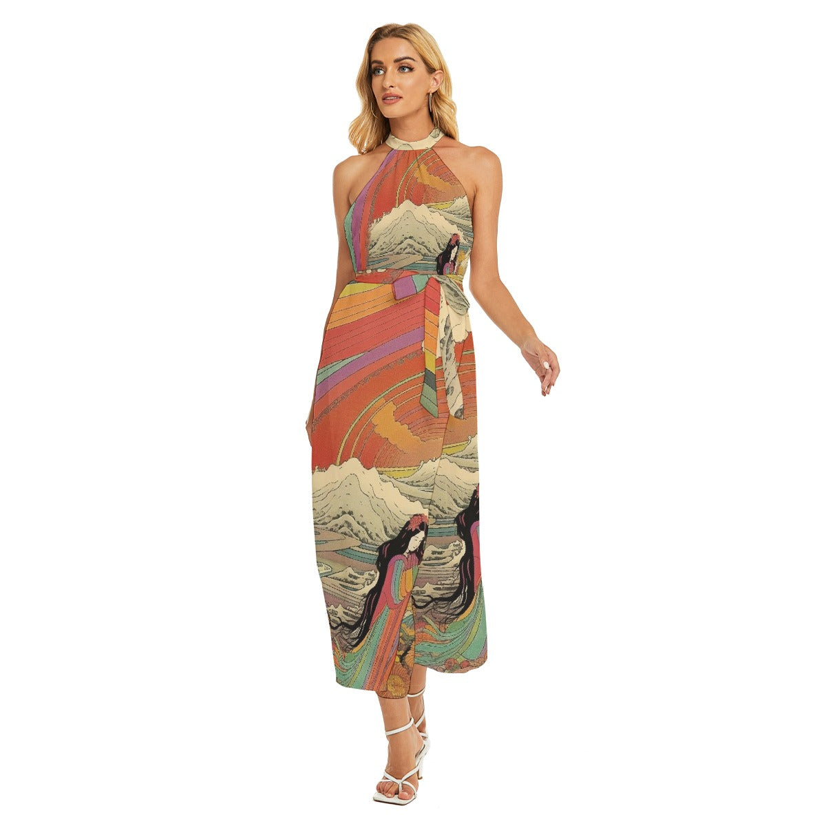 All-Over Print Women's Wrap Hem Belted Halter Dress