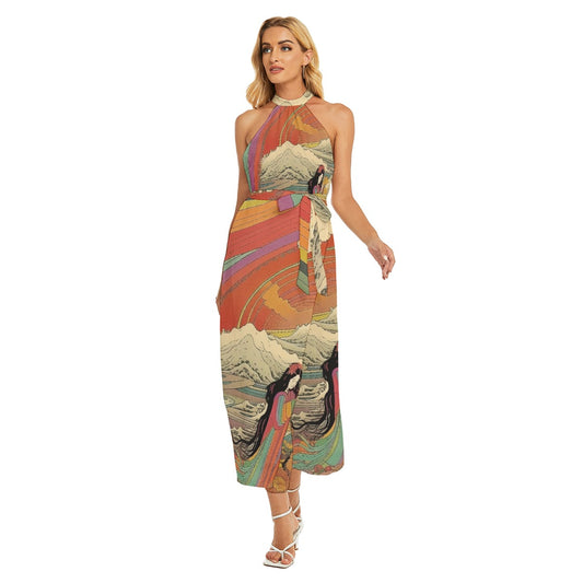 All-Over Print Women's Wrap Hem Belted Halter Dress