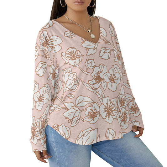 All-Over Print Women's V-neck T-shirt With Curved Hem(Plus Size)