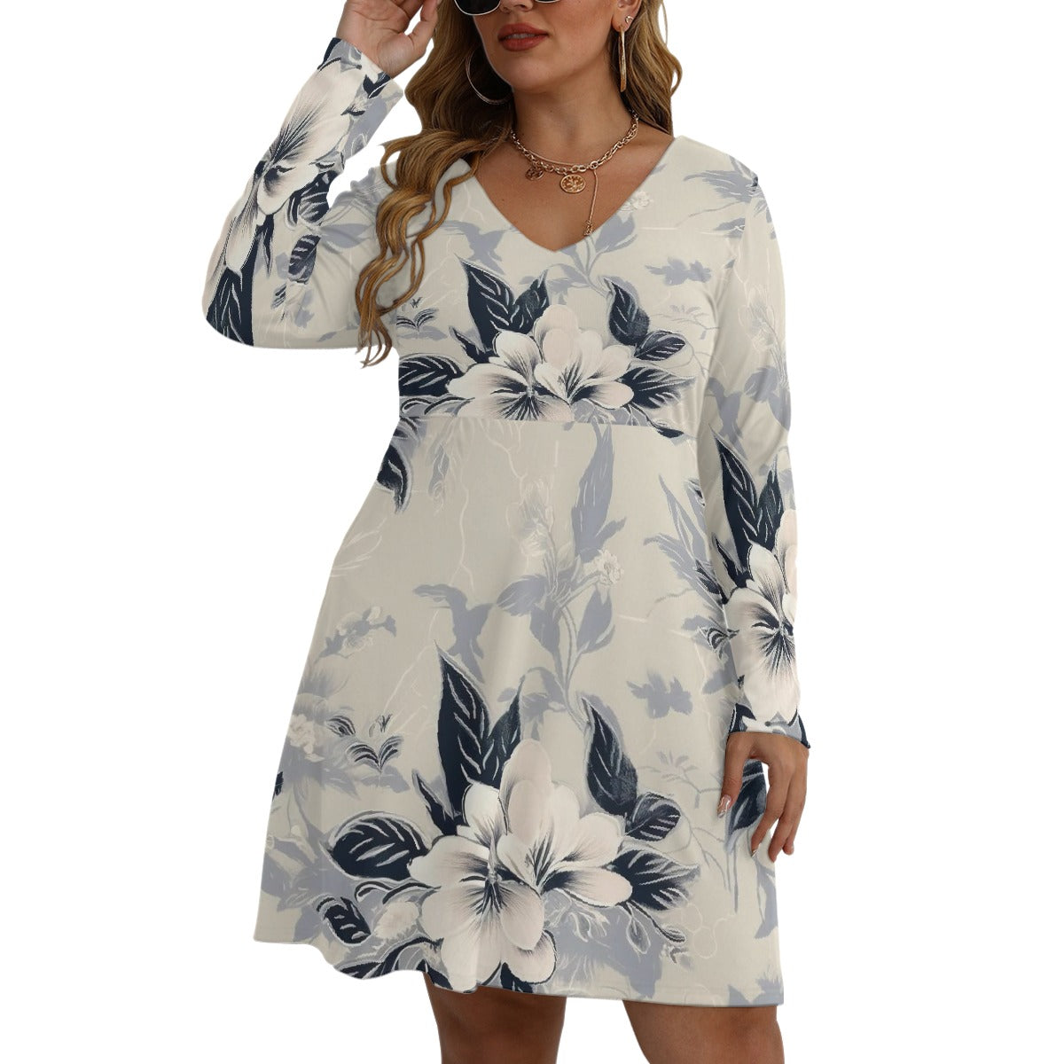 All-Over Print Women's V-neck Long Sleeve Dress(Plus Size)