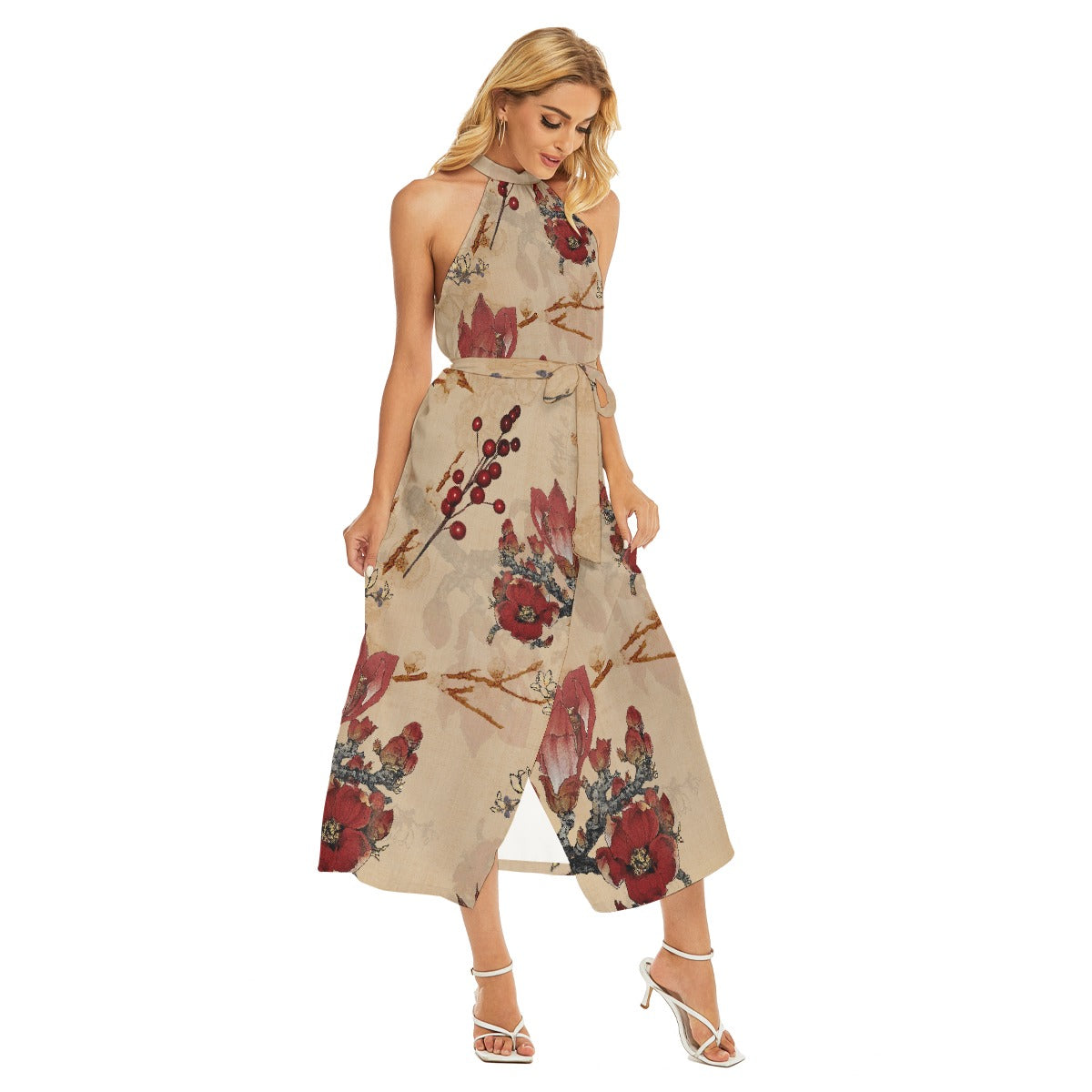 All-Over Print Women's Wrap Hem Belted Halter Dress