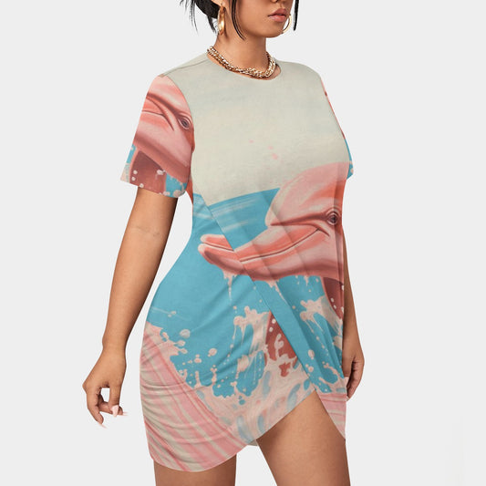 All-Over Print Women’s Stacked Hem Dress With Short Sleeve（Plus Size）