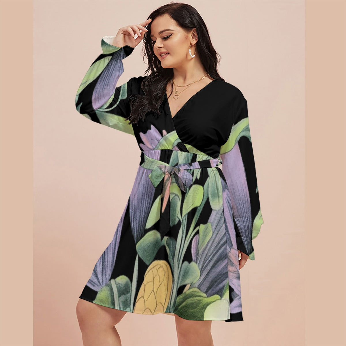 All-Over Print Women's V-neck Dress With Waistband(Plus Size)