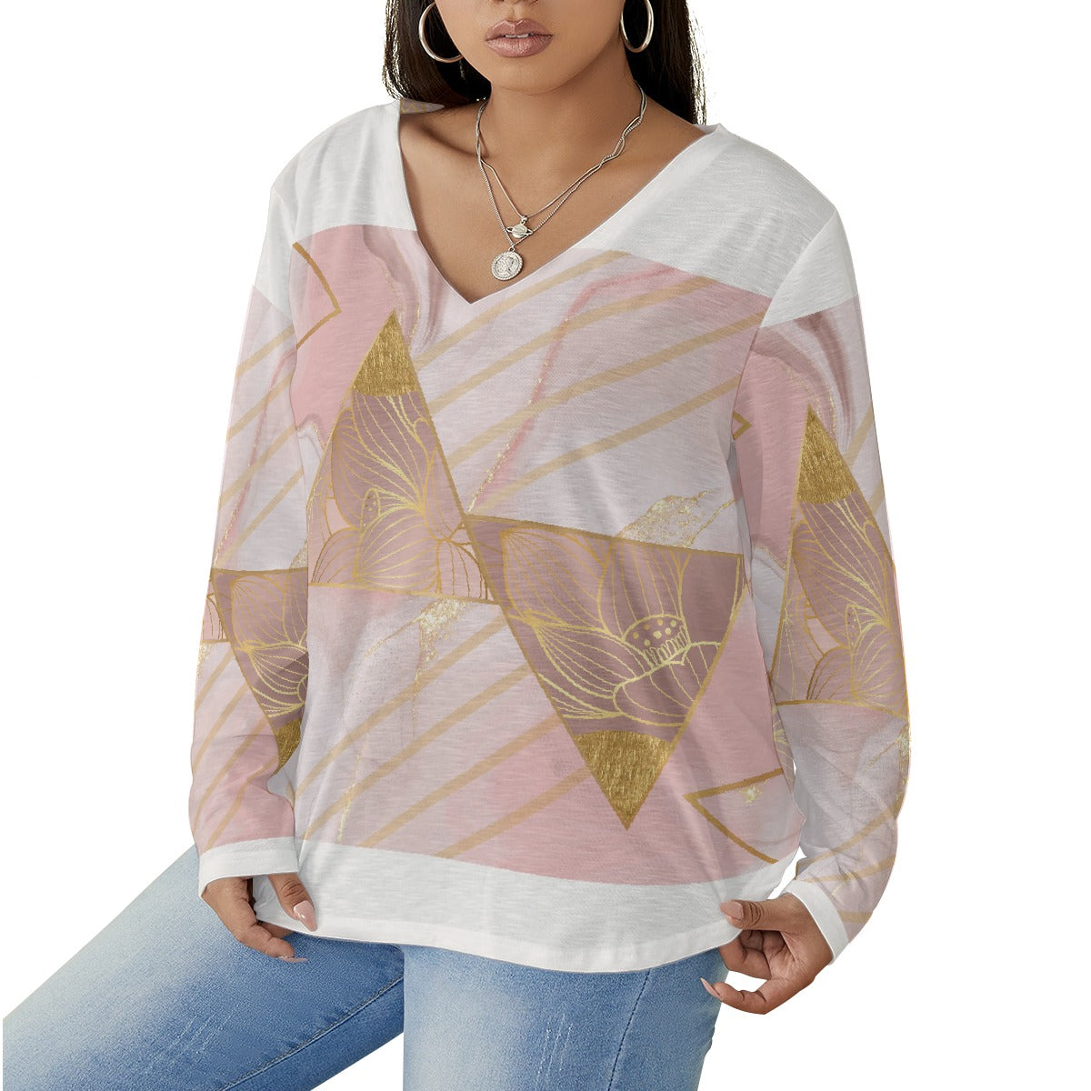 All-Over Print Women's V-neck T-shirt With Curved Hem(Plus Size)