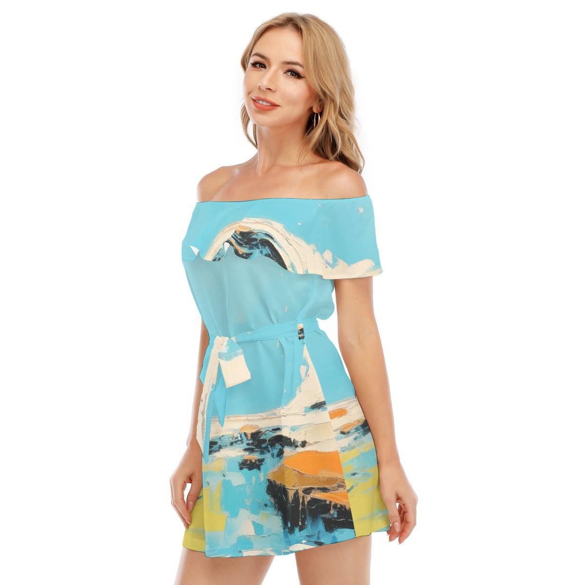 All-Over Print Women's Off-shoulder Dress With Ruffle