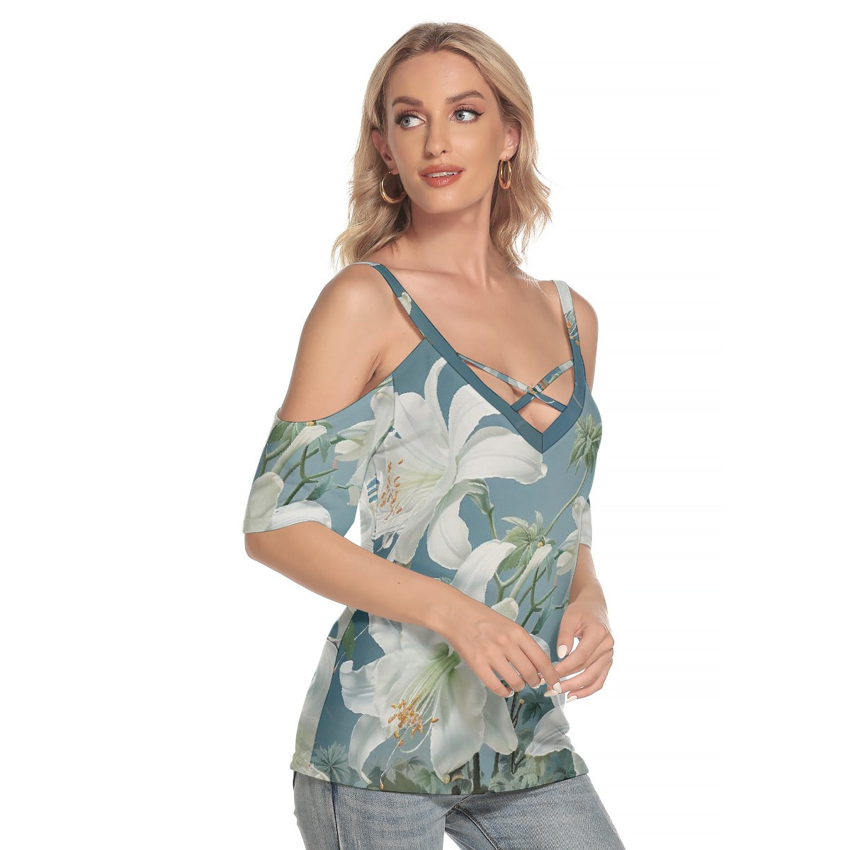 All-Over Print Women's Cold Shoulder T-shirt With Criss Cross Strips