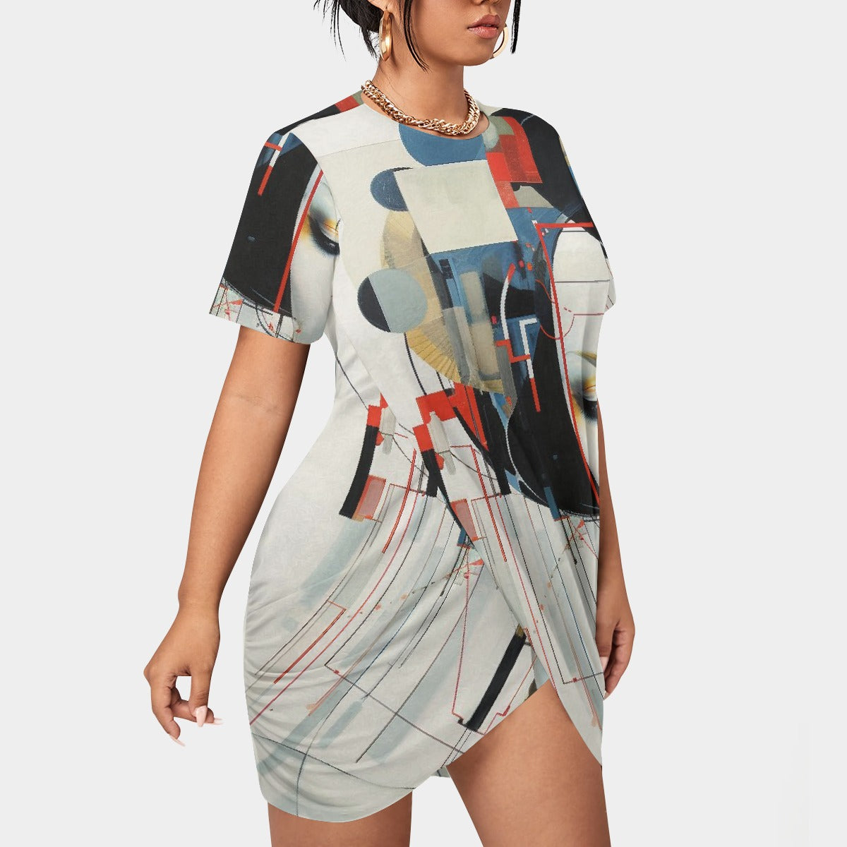 All-Over Print Women’s Stacked Hem Dress With Short Sleeve（Plus Size）