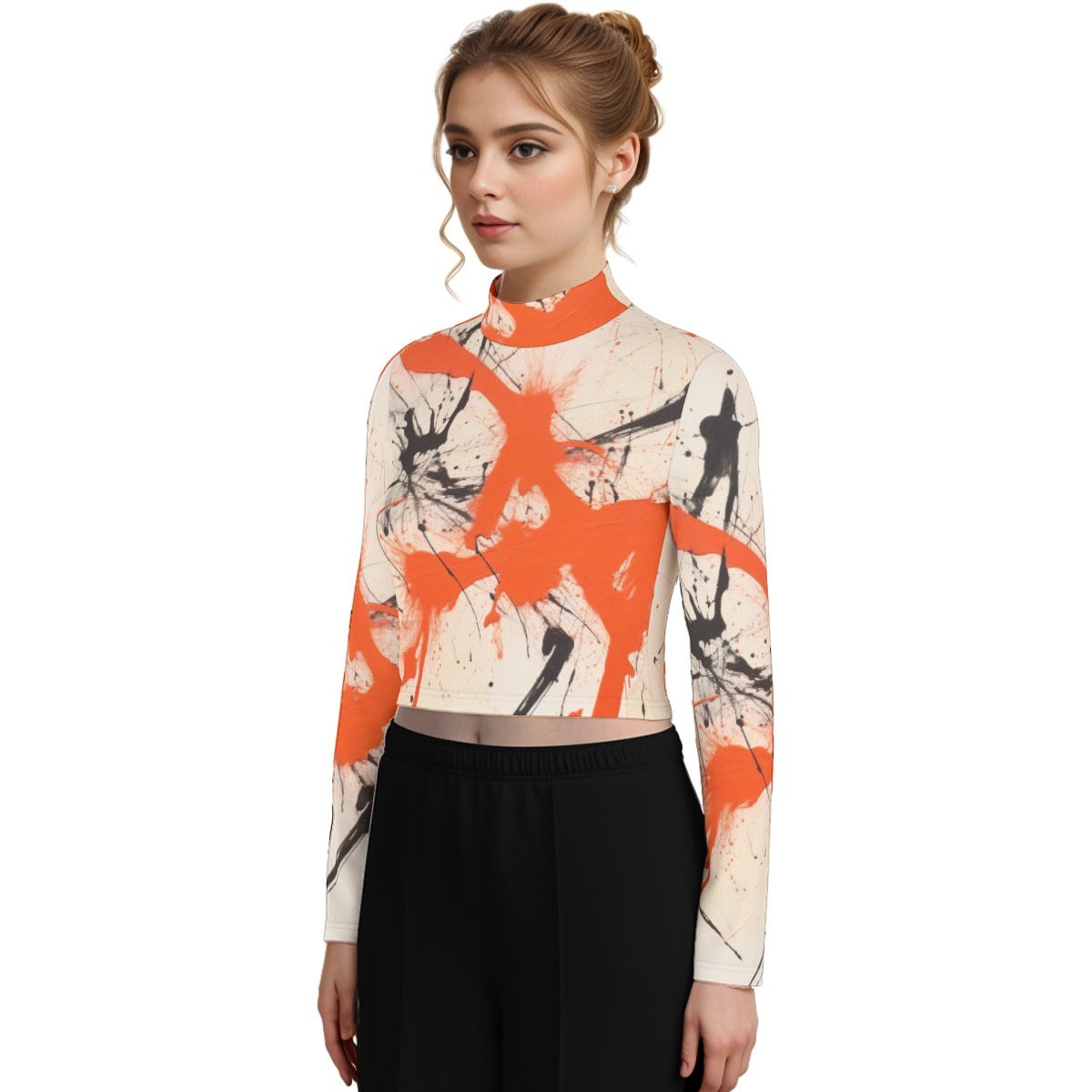 Eco-Friendly All-Over Print Women's Turtleneck T-shirt With Long Sleeve