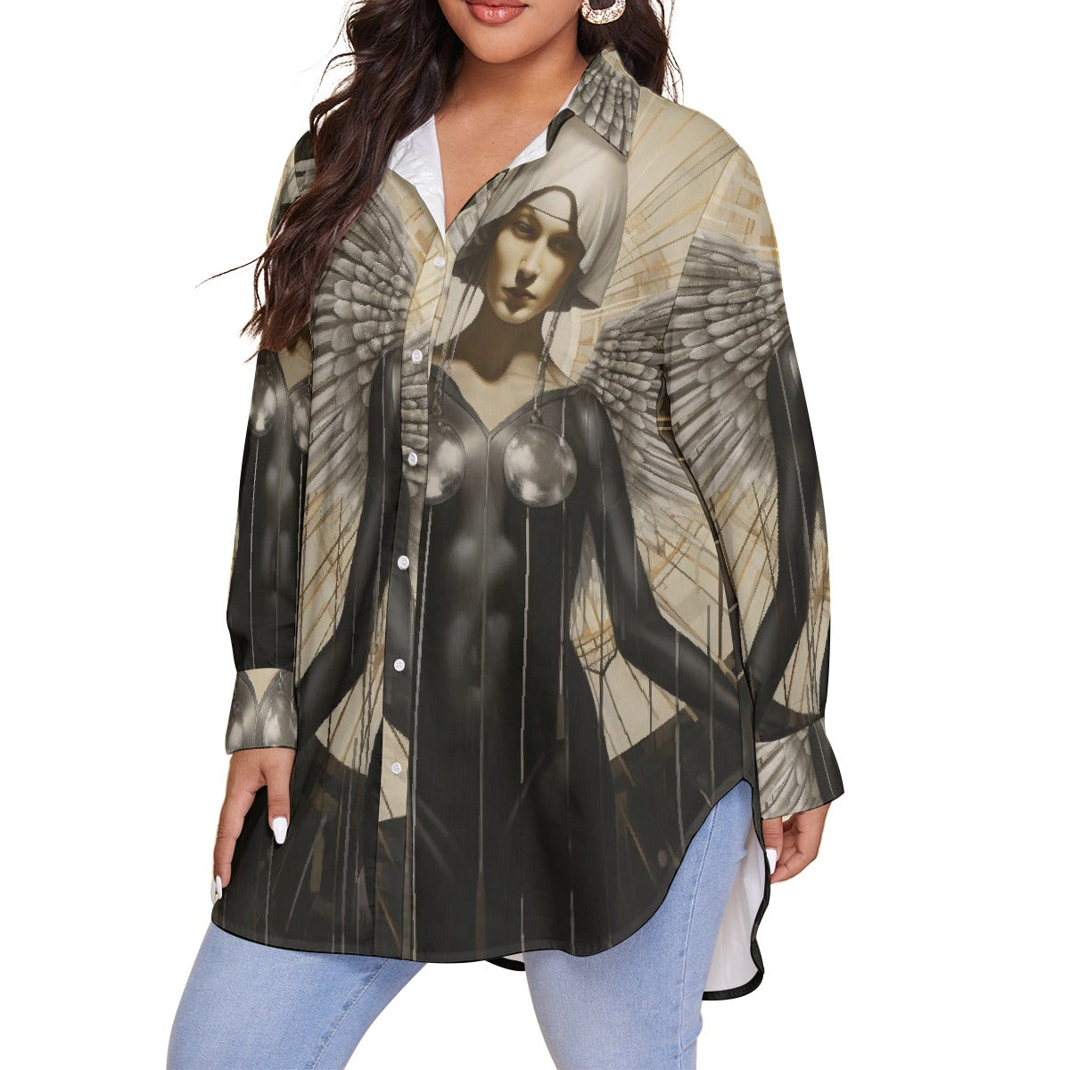 All-Over Print Women's Shirt With Long Sleeve(Plus Size)