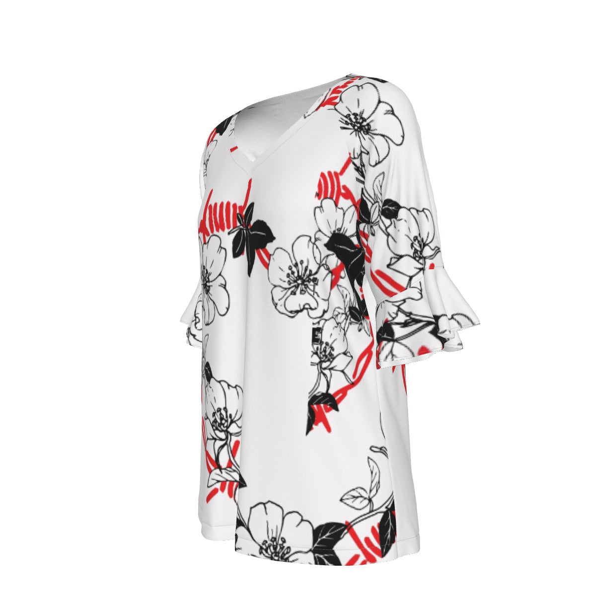 All-Over Print V-neck Women's T-shirt With Bell Sleeve