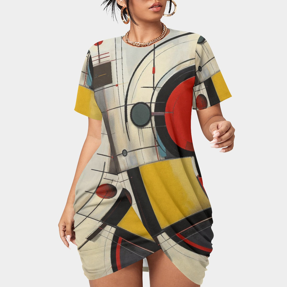 All-Over Print Women’s Stacked Hem Dress With Short Sleeve（Plus Size）