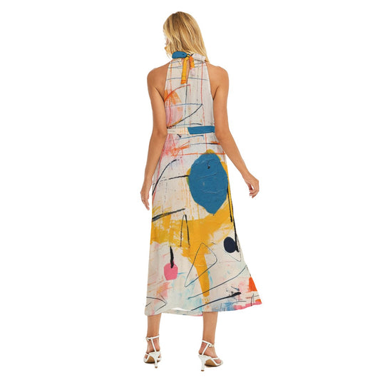 All-Over Print Women's Wrap Hem Belted Halter Dress