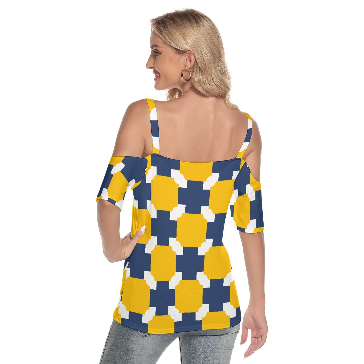 All-Over Print Women's Cold Shoulder T-shirt With Criss Cross Strips