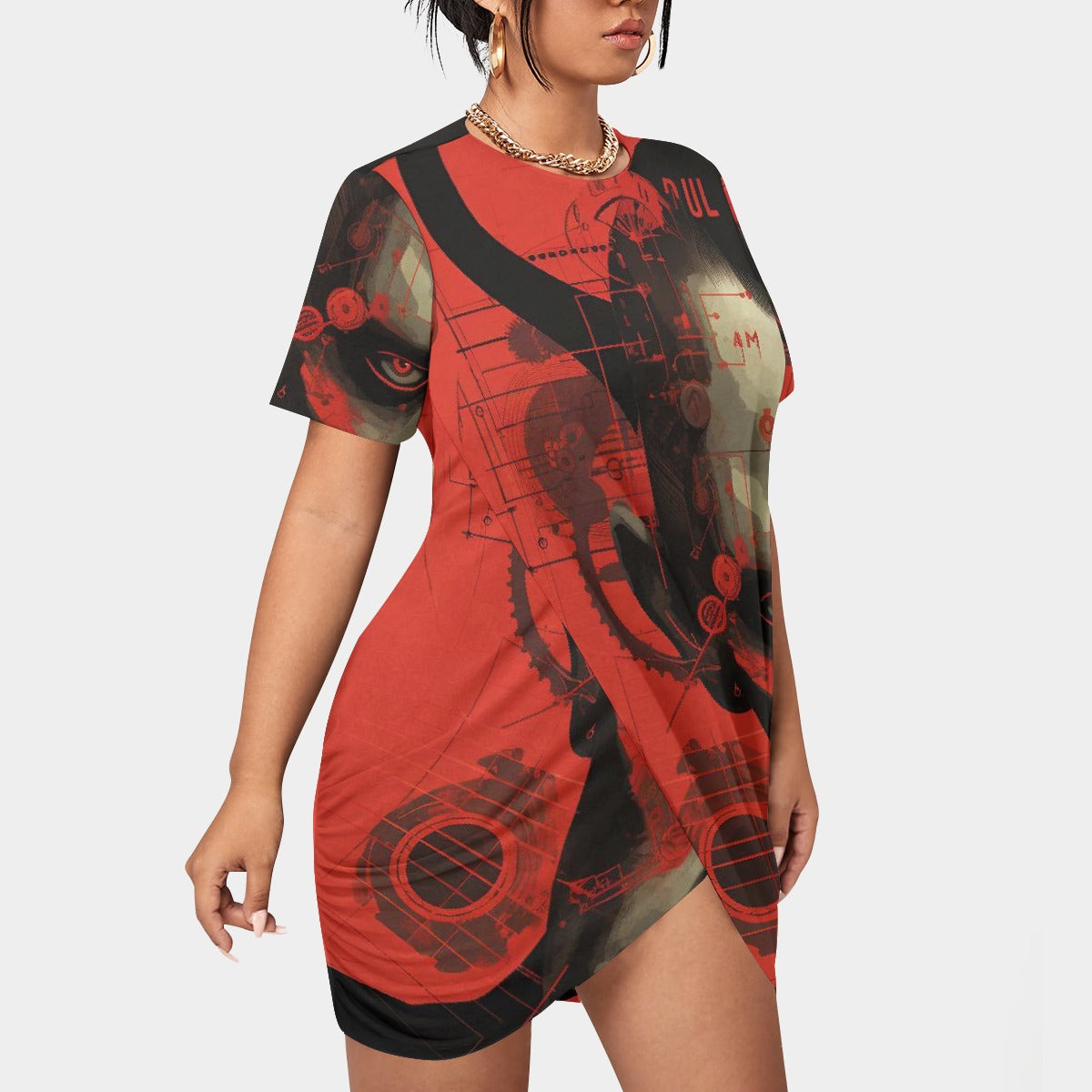 All-Over Print Women’s Stacked Hem Dress With Short Sleeve（Plus Size）