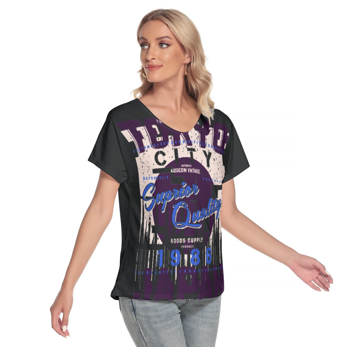 All-Over Print Women's Loose V-neck Short Sleeve T-shirt