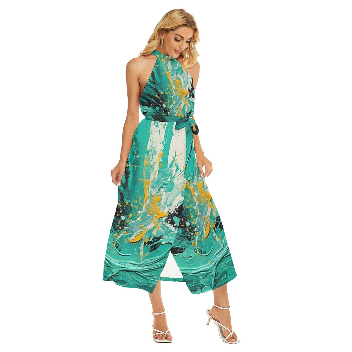 All-Over Print Women's Wrap Hem Belted Halter Dress