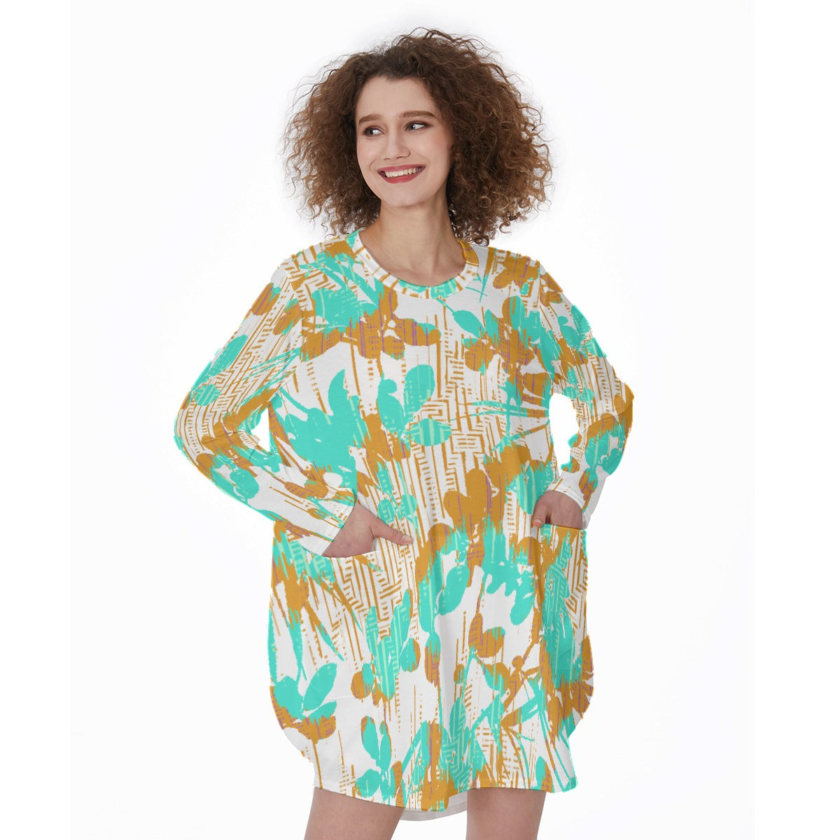 All-Over Print Women's Casual Loose Long Sleeve Dress With Pocket