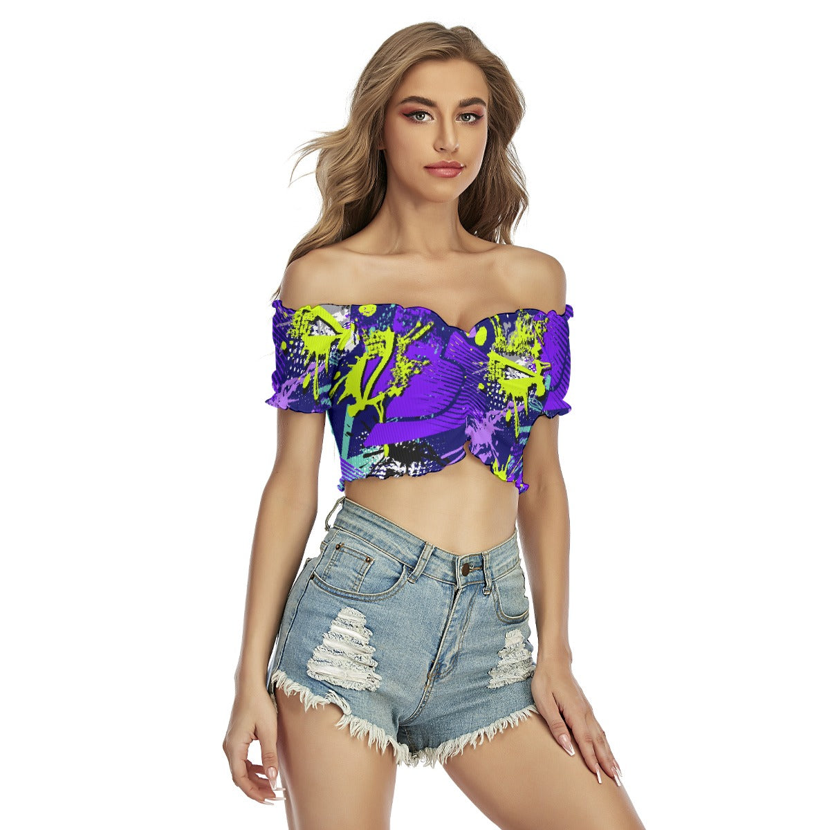 All-Over Print Women's One-shoulder Off-the-navel Short Sleeve T-shirt