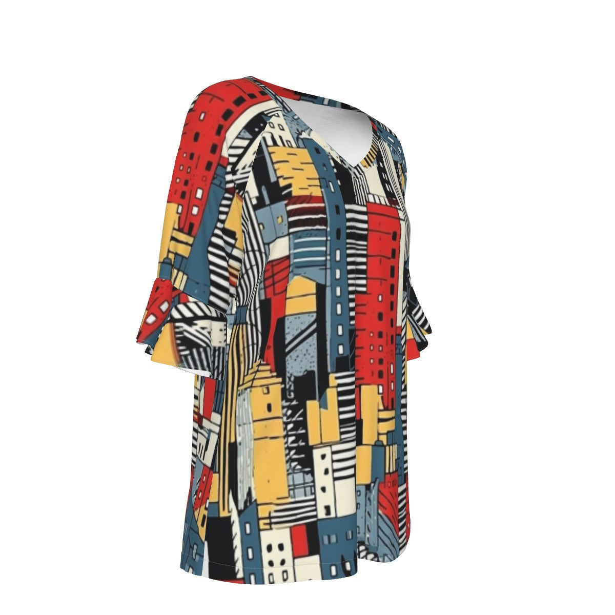 All-Over Print V-neck Women's T-shirt With Bell Sleeve