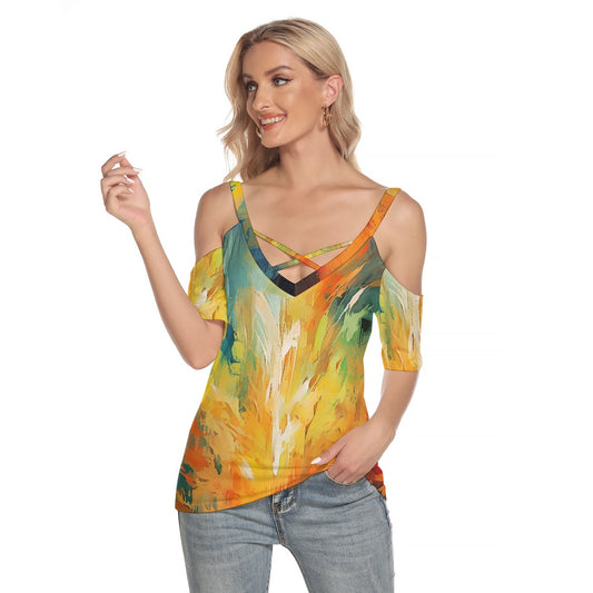 All-Over Print Women's Cold Shoulder T-shirt With Criss Cross Strips