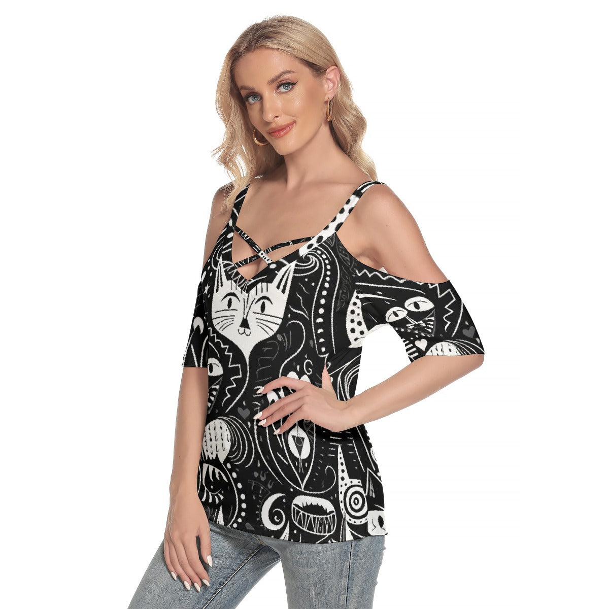 All-Over Print Women's Cold Shoulder T-shirt With Criss Cross Strips