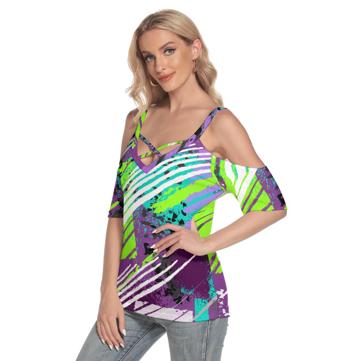 All-Over Print Women's Cold Shoulder T-shirt With Criss Cross Strips