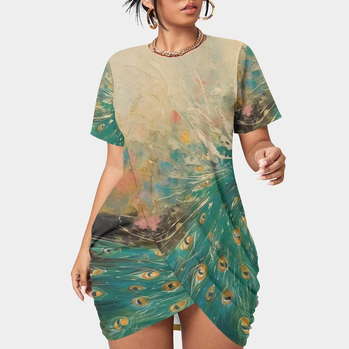 All-Over Print Women’s Stacked Hem Dress With Short Sleeve（Plus Size）