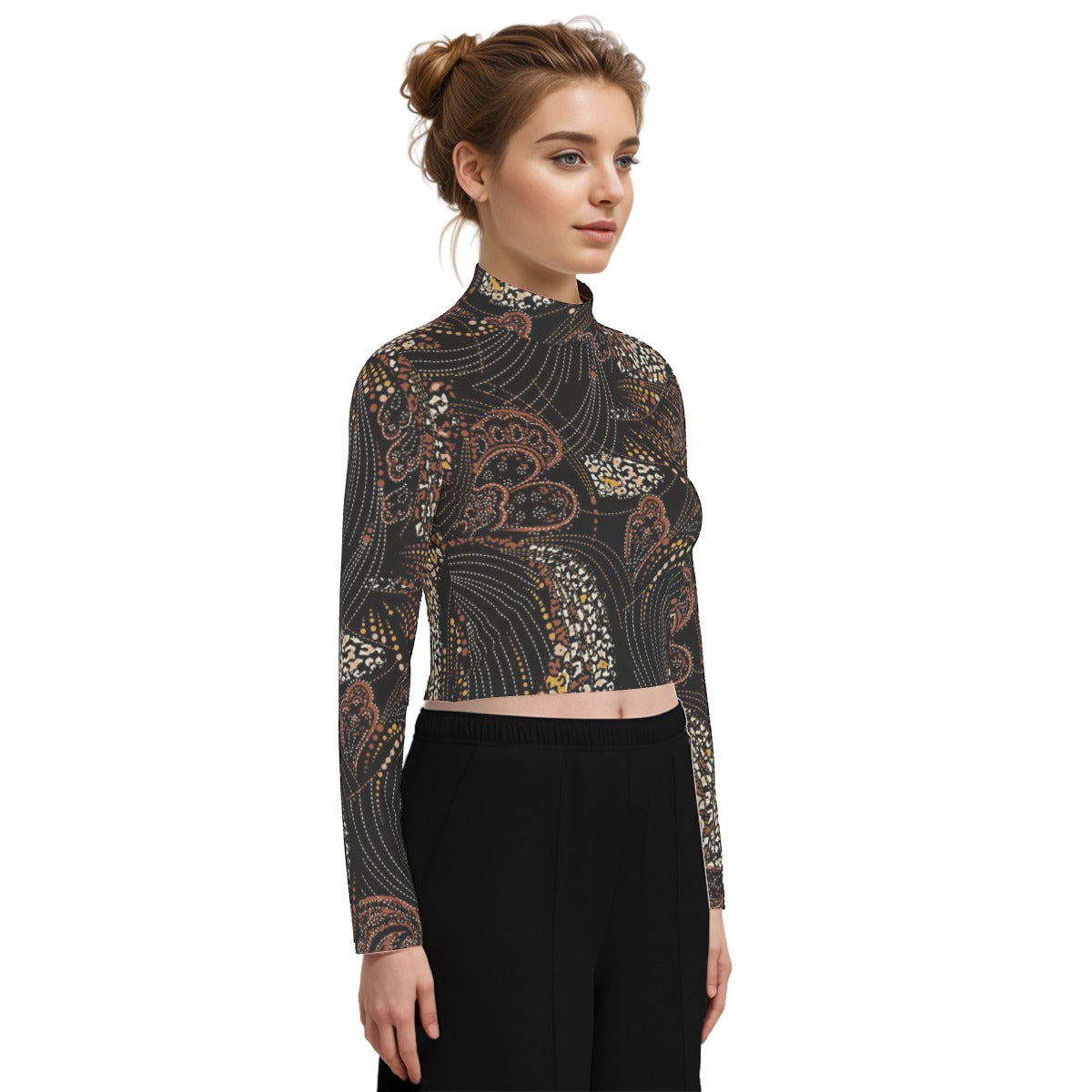 Eco-Friendly All-Over Print Women's Turtleneck T-shirt With Long Sleeve