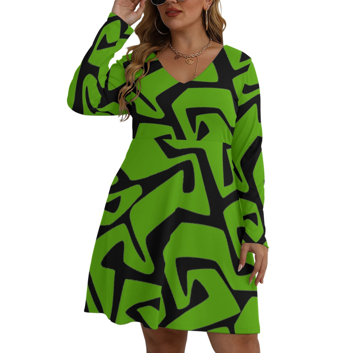 All-Over Print Women's V-neck Long Sleeve Dress(Plus Size)