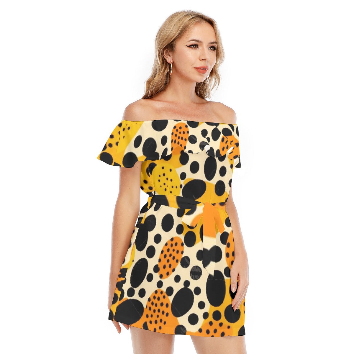 All-Over Print Women's Off-shoulder Dress With Ruffle