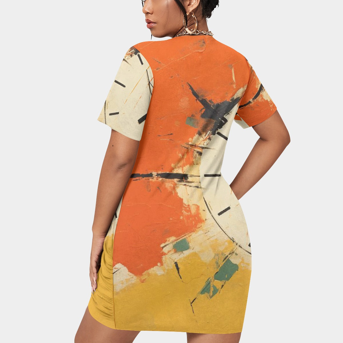 All-Over Print Women’s Stacked Hem Dress With Short Sleeve（Plus Size）