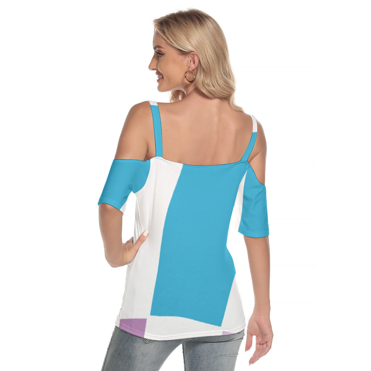 All-Over Print Women's Cold Shoulder T-shirt With Criss Cross Strips