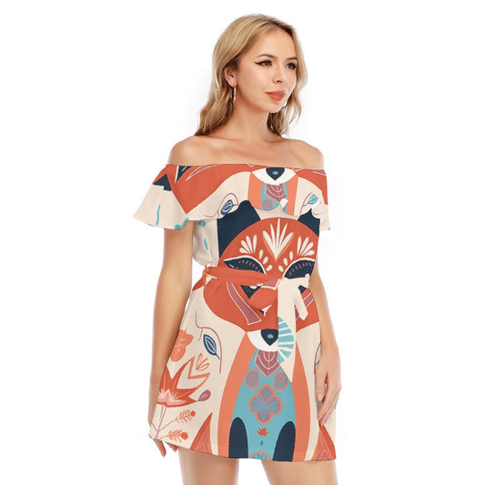 All-Over Print Women's Off-shoulder Dress With Ruffle