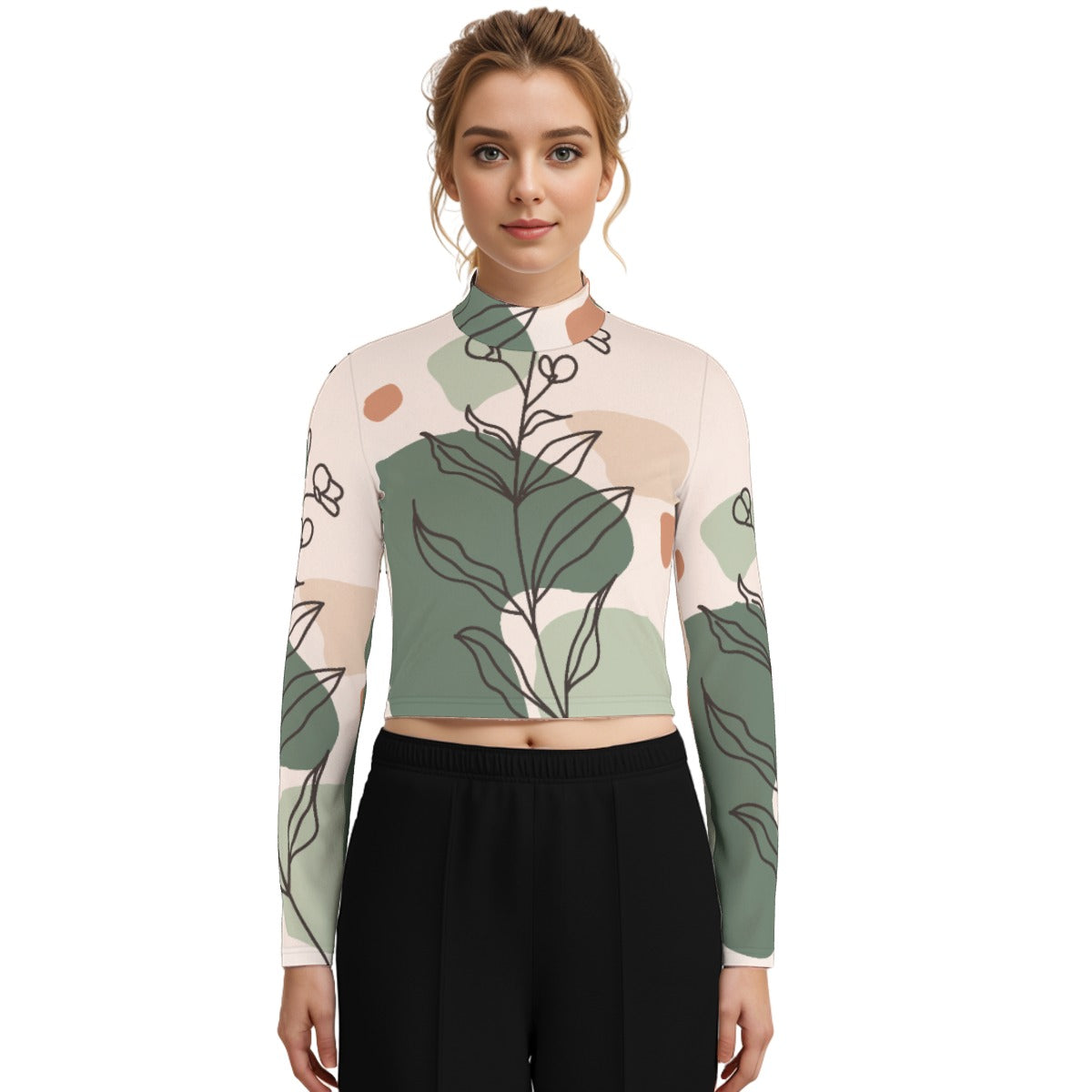 Eco-Friendly All-Over Print Women's Turtleneck T-shirt With Long Sleeve