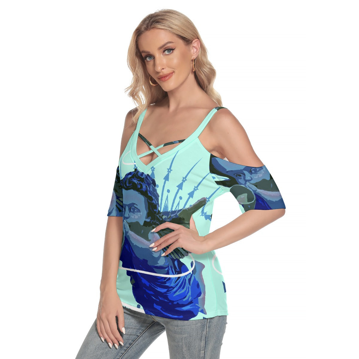 All-Over Print Women's Cold Shoulder T-shirt With Criss Cross Strips