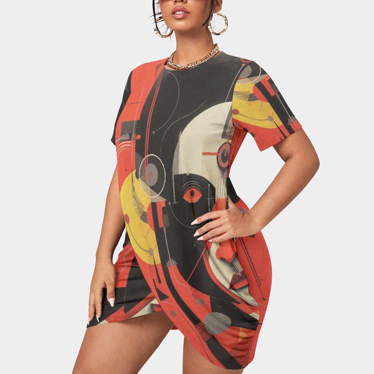 All-Over Print Women’s Stacked Hem Dress With Short Sleeve（Plus Size）