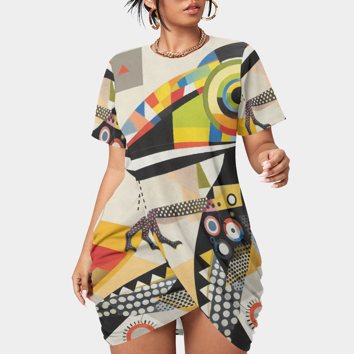 All-Over Print Women’s Stacked Hem Dress With Short Sleeve（Plus Size）