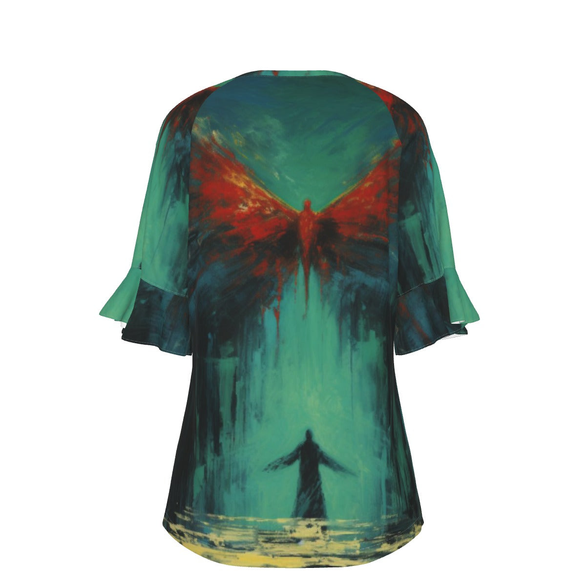 All-Over Print V-neck Women's T-shirt With Bell Sleeve