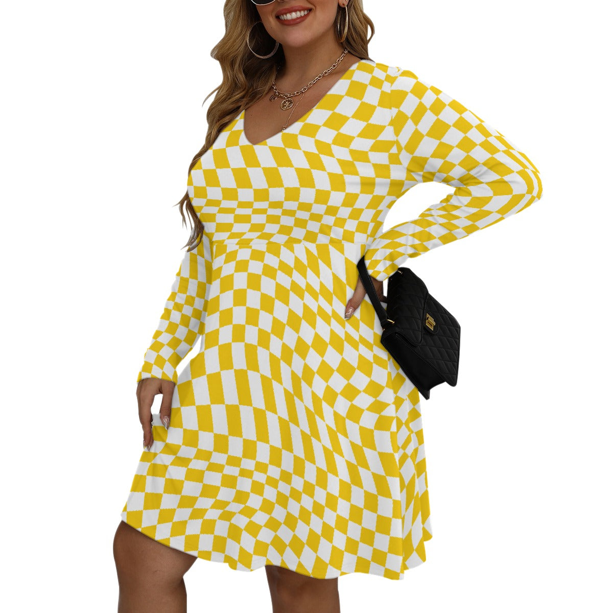 All-Over Print Women's V-neck Long Sleeve Dress(Plus Size)