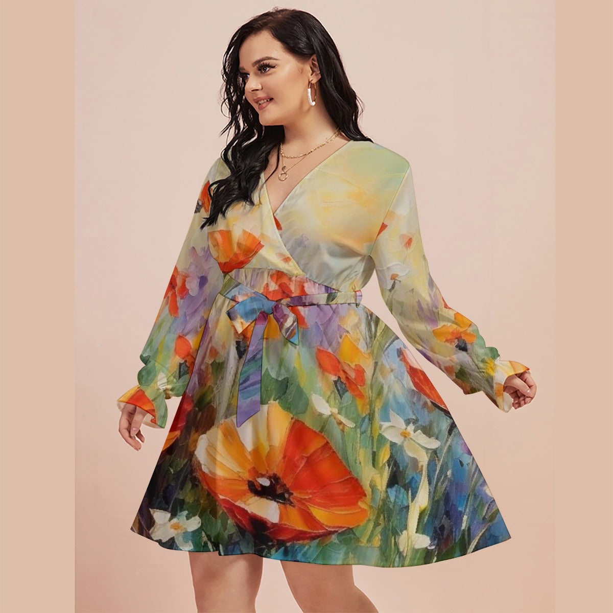 All-Over Print Women's V-neck Dress With Waistband(Plus Size)