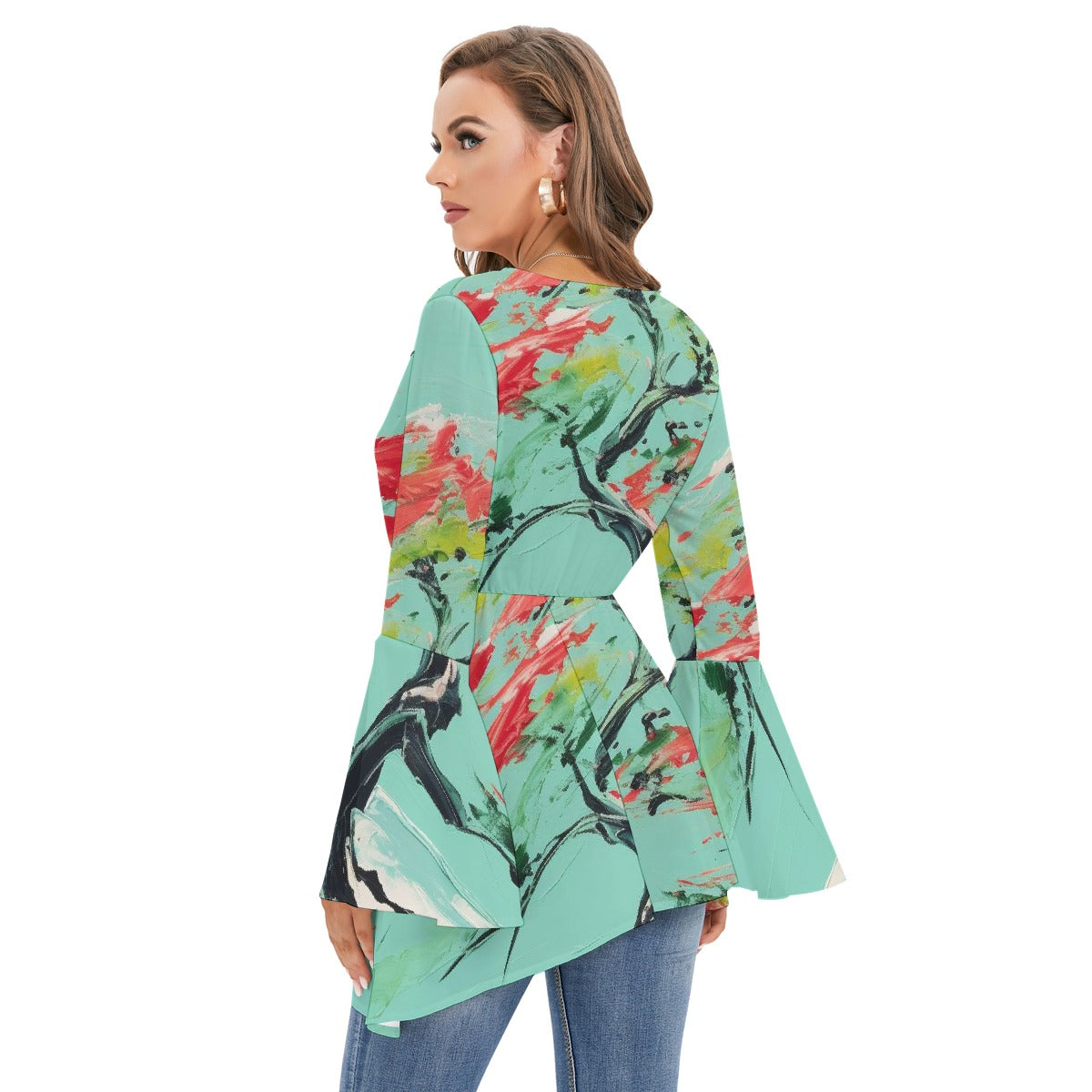 All-Over Print Women's V-neck Blouse With Flared Sleeves