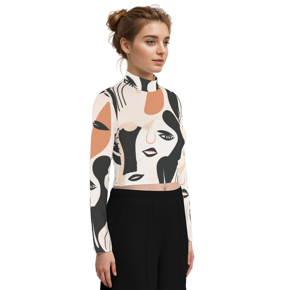 Eco-Friendly All-Over Print Women's Turtleneck T-shirt With Long Sleeve