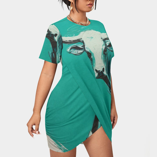 All-Over Print Women’s Stacked Hem Dress With Short Sleeve（Plus Size）