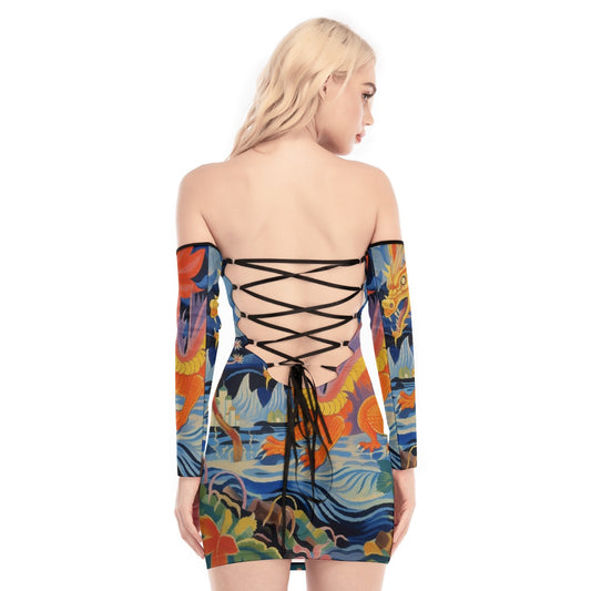 All-Over Print Women's Off-shoulder Back Lace-up Dress