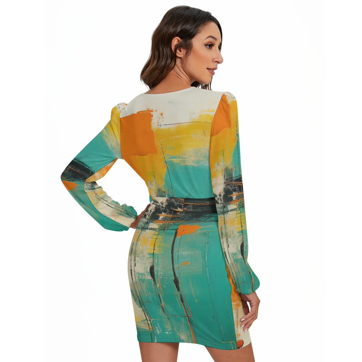 All-Over Print Women's Long Sleeve Dress With Waist Belt