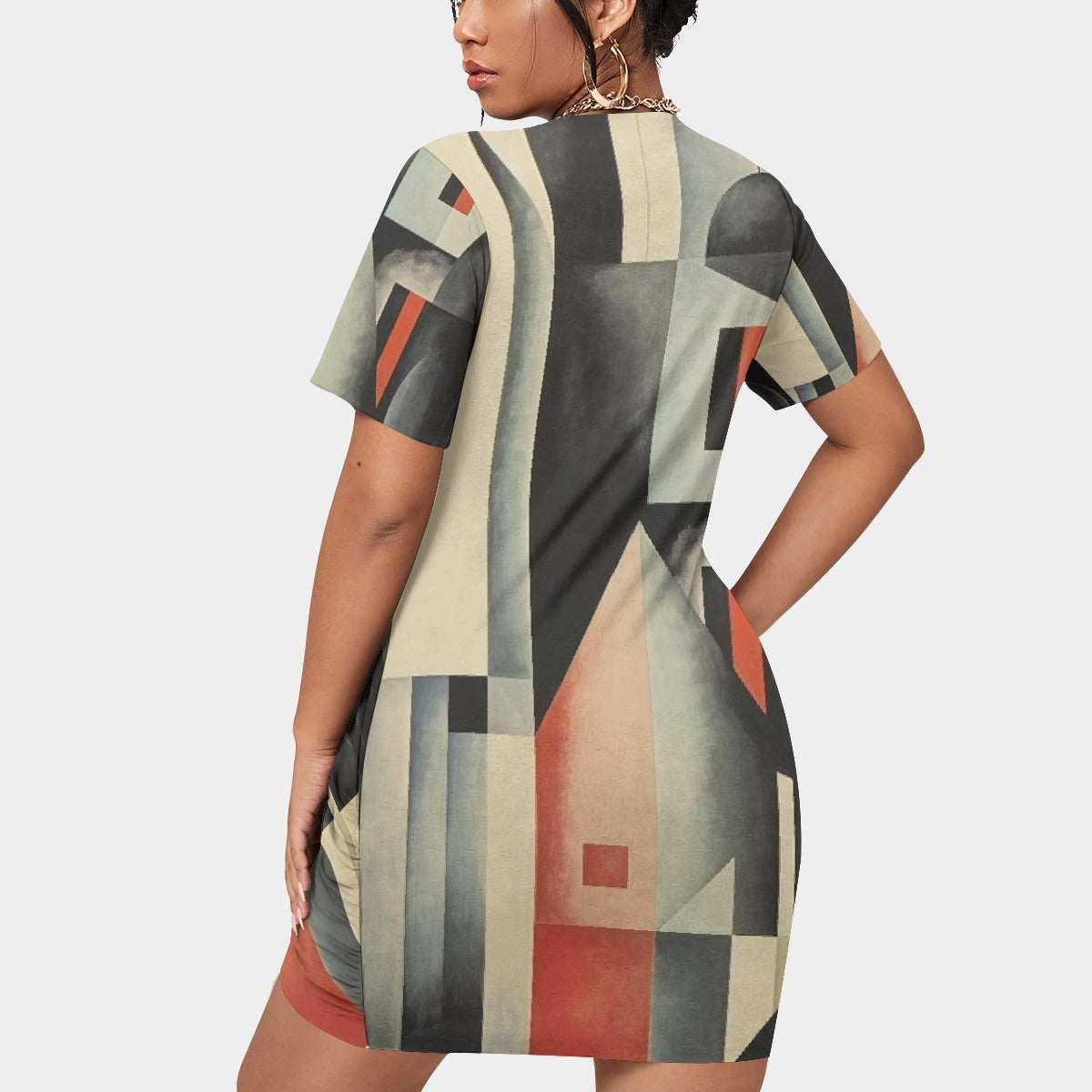 All-Over Print Women’s Stacked Hem Dress With Short Sleeve（Plus Size）