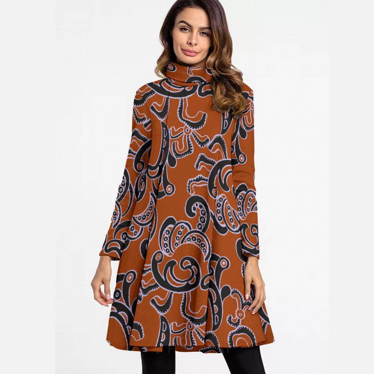 All-Over Print Women's High Neck Dress With Long Sleeve