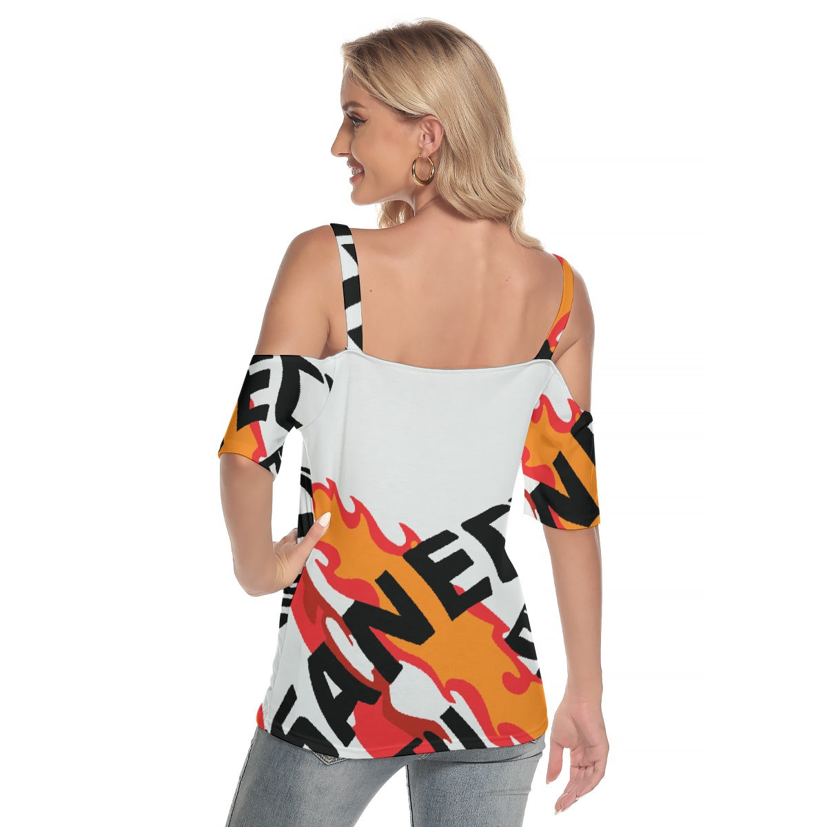 All-Over Print Women's Cold Shoulder T-shirt With Criss Cross Strips